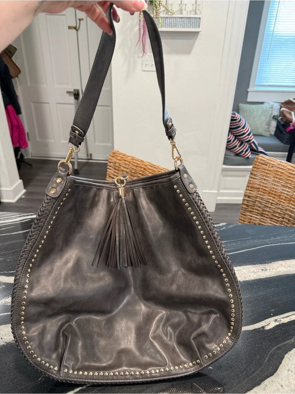 Black Leather Tassel Hobo Bag